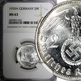 Germany-Third Reich Silver 1939 A 2 Reichs Mark NGC MS63 Hindenburg KM# 93 (022)