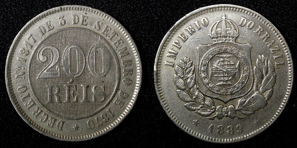 BRAZIL Pedro II Copper-Nickel 1889 200 Reis 32 mm Mint-511,000  KM# 484 (27 798)