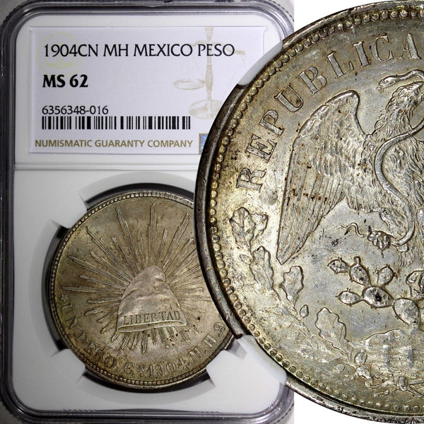 MEXICO Silver 1904 CN MH Peso Culiacan Mint NGC MS62 KM# 409 (16)