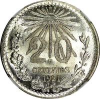 Mexico ESTADOS UNIDOS MEXICANOS Silver 1921 M 20 Centavos NGC MS65 BU KM# 438