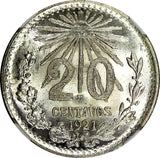 Mexico ESTADOS UNIDOS MEXICANOS Silver 1921 M 20 Centavos NGC MS65 BU KM# 438