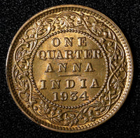 India-British George V Bronze 1934 (C) 1/4 Anna UNC Red Toned KM# 512 (27 695)