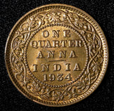 India-British George V Bronze 1934 (C) 1/4 Anna UNC Red Toned KM# 512 (27 695)