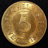 Seychelles George VI Bronze 1948 5 Cents Nice Red UNC KM# 7 (24 929)