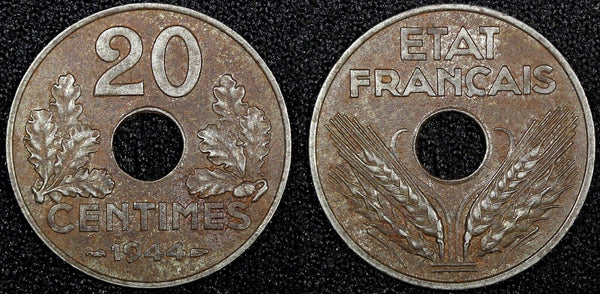 FRANCE Vichy French State Iron 1944 20 Centimes WWII Issue SCARCE  KM# 900.2a(2)