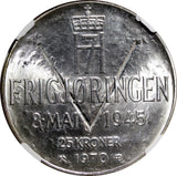Norway Olav V Silver 1970 25 Kroner NGC MS65 Anniversary of Liberation KM#414(1)