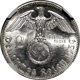 GERMANY-Third Reich Silver 1939 A 2 Reichs Mark NGC MS63 Hindenburg KM# 93 (018)