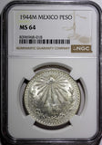 Mexico ESTADOS UNIDOS MEXICANOS Silver 1944 M 1 Peso NGC MS64 GEM BU KM# 455 (8)