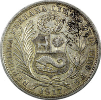 PERU Silver 1917 FG JR 1/2 Sol LIMA 30mm Mintage-178,000 KM# 203 (25 121)