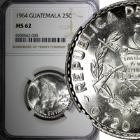 GUATEMALA Silver 1964 25 Centavos NGC MS62 GEM BU LAST YEAR KM# 263 (030)