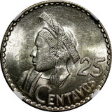 GUATEMALA Silver 1963 25 Centavos NGC MS63 GEM BU KM# 263 (026)