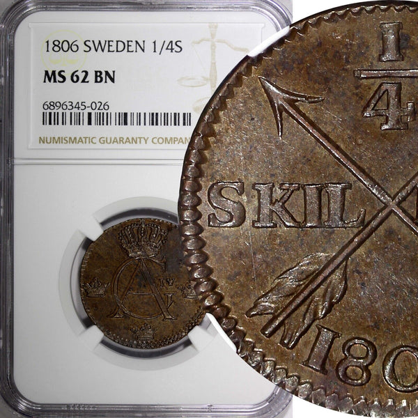 SWEDEN Gustav IV Adolf 1806 1/4 Skilling NGC MS62 BN  KM# 564 (026)