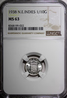 Netherlands East Indies Wilhelmina I Silver 1938  1/10 Gulden NGC MS63 KM#318(2)