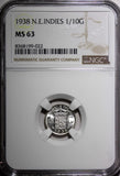 Netherlands East Indies Wilhelmina I Silver 1938  1/10 Gulden NGC MS63 KM#318(2)