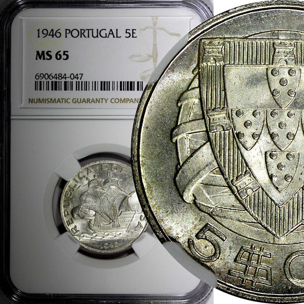 Portugal Silver 1946 5 Escudos NGC MS65 Mintage 404.000 Ship GEM BU KM# 581 (7)