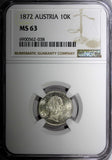 AUSTRIA Francis Joseph I Silver 1872  10 Kreuzer NGC MS63 KM# 2206 (038)