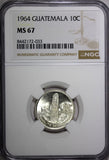 GUATEMALA Silver 1964 10 Centavos NGC MS67 GEM BU LUSTER KEY DATE KM# 262 (033)