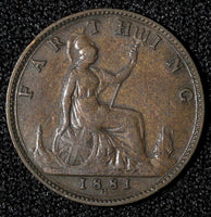 Great Britain Victoria Bronze 1881 H Farthing Birmingham Mint KM# 753 (28 309)
