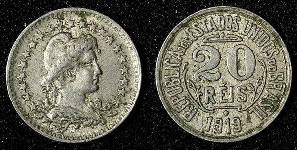 BRAZIL Copper-Nickel 1921 20 Reis Liberty KM# 516.2 (27 660)