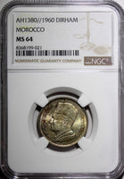 Morocco Mohammed V Silver AH1380   1960 1 Dirham NGC MS64 Toned  Y# 55 (021)