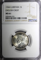 GREAT BRITAIN George VI Silver 1944 1 Shilling English Crest NGC MS61 KM#853 (5)