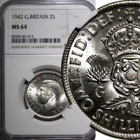 GREAT BRITAIN George VI Silver 1942 Florin 2 Shilling NGC MS64 WWII Issue KM#855