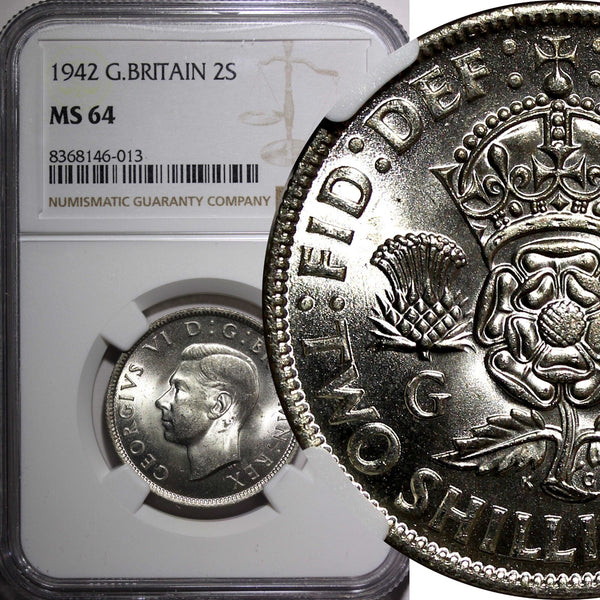 GREAT BRITAIN George VI Silver 1942 Florin 2 Shilling NGC MS64 WWII Issue KM#855
