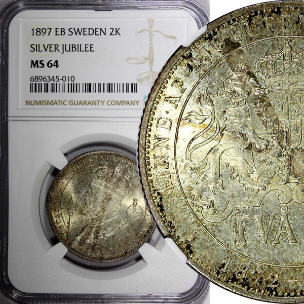 SWEDEN Silver Jubilee Oscar II 1897 EB 2 Kronor NGC MS64 KM# 762 (10)