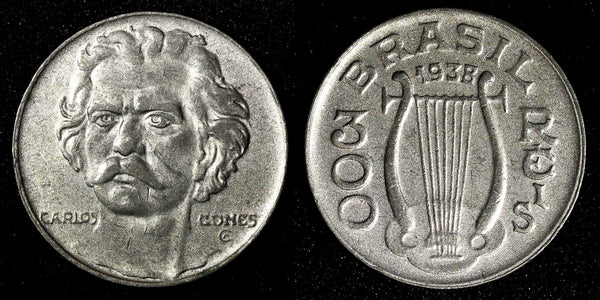 BRAZIL Carlos Gomes Copper-Nickel 1938 300 Reis KM# 538 (27 789)