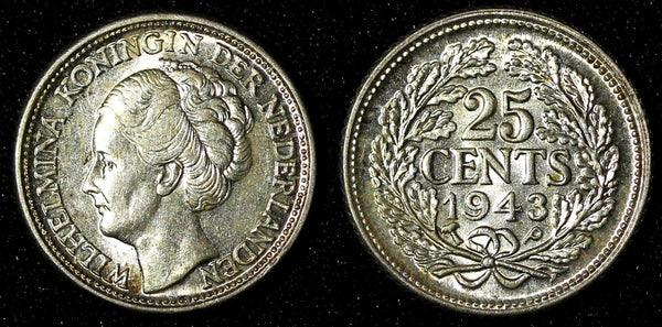 Curacao Wilhelmina Silver 1943 P 25 Cents Philadelphia Mint UNC  KM# 38 (28 133)