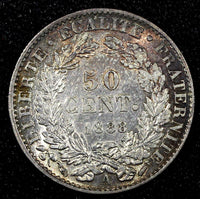 FRANCE Silver 1888 A 50 Centimes  Paris Mint Nice Toned aUNC KM# 834.1  (25 518)