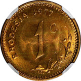 Rhodesia Bronze 1977 1 Cent NGC MS64 RD NICE FULL RED TONING KM# 10 (023)