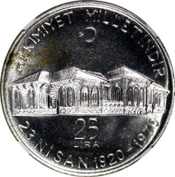 Turkey Silver PROOF 1970 25 Lira NGC MS67 Ankara TOP GRADED FLASHY KM# 897 (015)