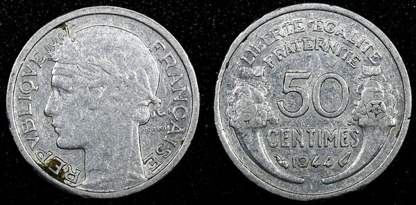 France Aluminum 1944 50 Centimes WWII Issue  KM# 894.1a  (24 971)