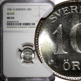 SWEDEN Gustaf V Silver 1941 G 10 Ore NGC MS65 WWII ISSUE 1 GRADED HIGHER KM# 780