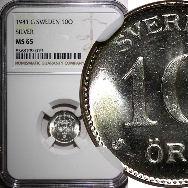 SWEDEN Gustaf V Silver 1941 G 10 Ore NGC MS65 WWII ISSUE 1 GRADED HIGHER KM# 780