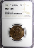 GREAT BRITAIN Victoria Bronze 1901 1/2 Penny NGC MS64 BN TONING KM# 789 (017)