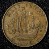Great Britain George VI Bronze 1945 1/2 Penny  KM# 844 (28 623)