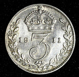 Great Britain George V Silver 1911 3 Pence 1st Year for Type UNC KM# 813 (126)