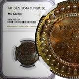 Tunisia Muhammad IV Bronze AH1322 1904 A 5 Centimes NGC MS64 BN KM# 228 (014)