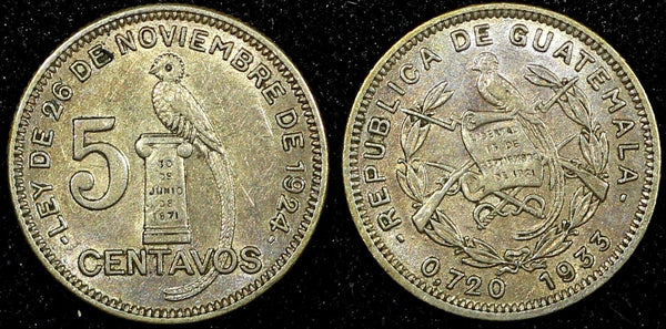 Guatemala Silver 1933 5 Centavos  Royal Mint BETTER DATE KM# 238.2  (24 456)