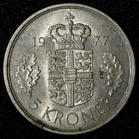Denmark Margrethe II Copper-Nickel 1977 SB 5 Kroner 33mm UNC KM# 863.1 (27 967)