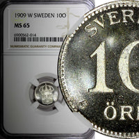 Sweden Gustaf V (1908-1950) Silver 1909 W 10 Ore NGC MS65 KM# 780 (014)