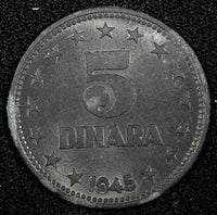 Yugoslavia Zinc 1945 5 Dinara WWII Issue 26.5mm 1 Year Type UNC KM# 28 (24 551)