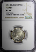 Belgium Albert I Silver 1911 1 Franc Flemish Dutch Text NGC MS63 KM# 73.1 (02)