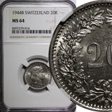 Switzerland 1944 B 20 Rappen NGC MS64  KM# 29a (014)