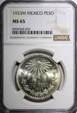 Mexico ESTADOS UNIDOS MEXICANOS Silver 1933 M Peso NGC MS65 BU KM# 455 (034)