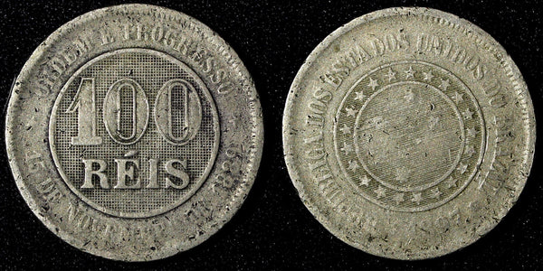 BRAZIL Copper-Nickel 1897 100 Reis 27  mm  KM# 492 (27 813)