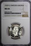 Sweden Gustaf V Silver 1929 G 1 Krona NGC MS65 Proof Like TOP GRADED KM#786.2(5)