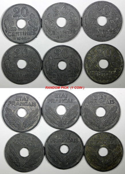 FRANCE  Zinc 1942 20 Centimes WWII Issue KM# 900.1 RANDOM PICK ( 1 COIN ) (933)